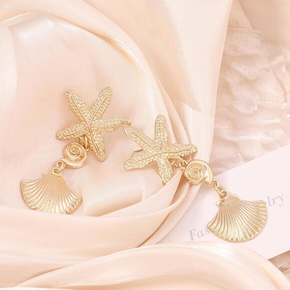 Gold Starfish Shell Dangle Earrings for Women - Beach Jewelry, Lightweight, Perf - Picture 6 of 7